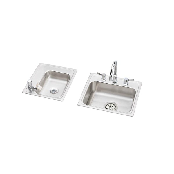 Elkay Lustertone Stainless Steel 34X17X4-1/2 Double Bowl Top Mount Classroom Ada Sink + Faucet/Bubbler Kit DRKAD2341745LC - main